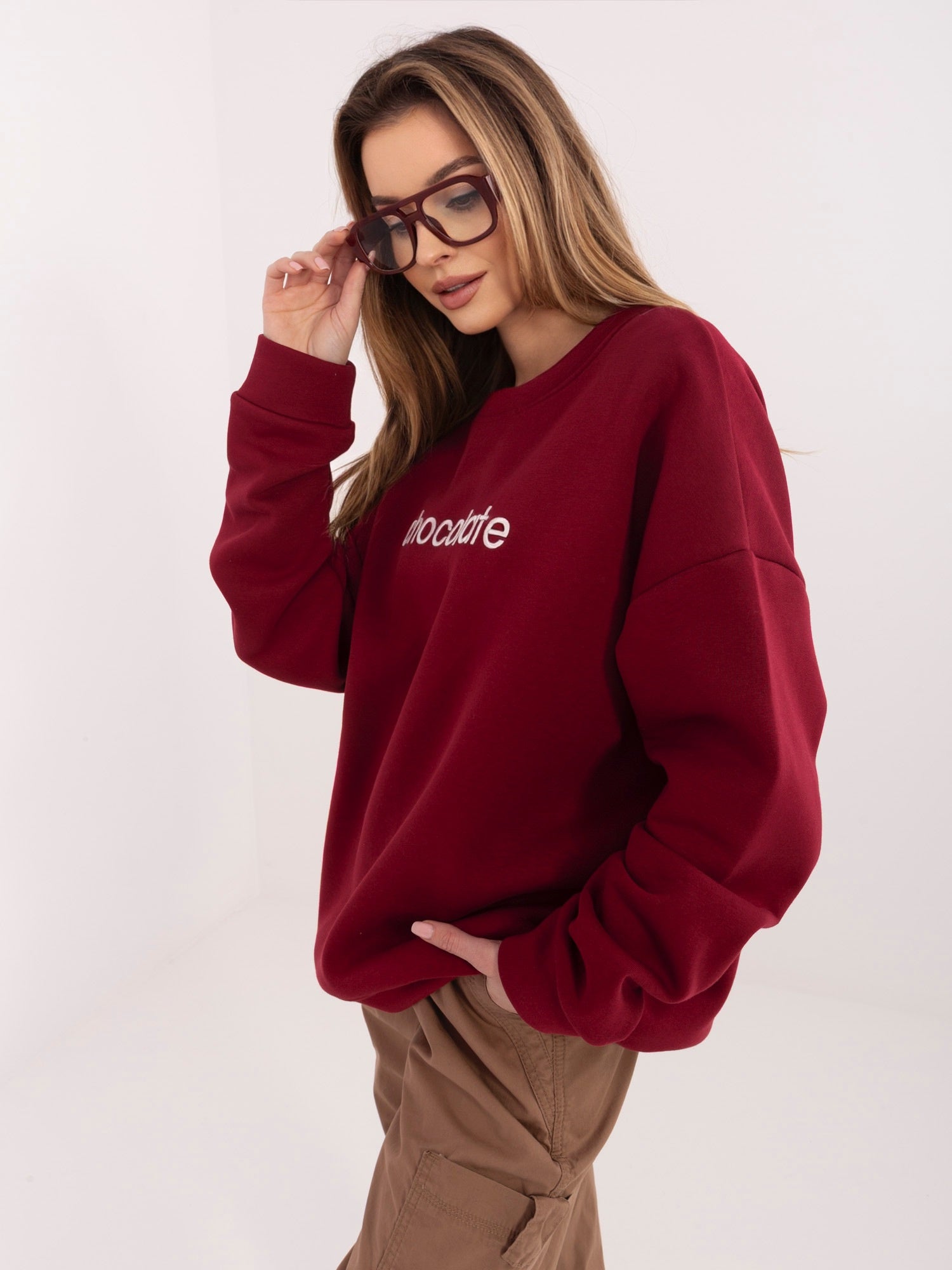 RUE PARIS Bordowa dresowa bluza oversize z haftem