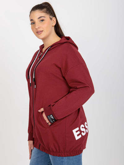 Bordowa rozpinana bluza plus size z nadrukiem z tyłu