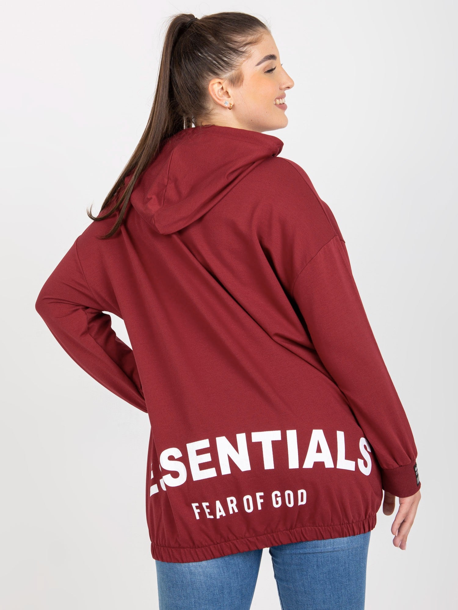 Bordowa rozpinana bluza plus size z nadrukiem z tyłu