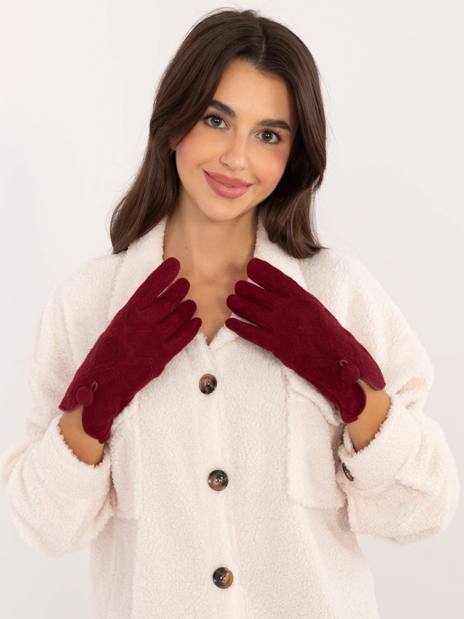 Bordowe damskie rękawiczki z guzikiem