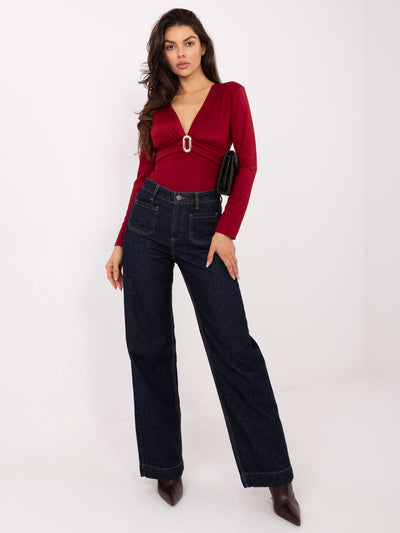 RUE PARIS Bordowe eleganckie body z długim rękawem