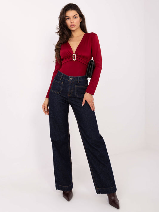 RUE PARIS Bordowe eleganckie body z długim rękawem