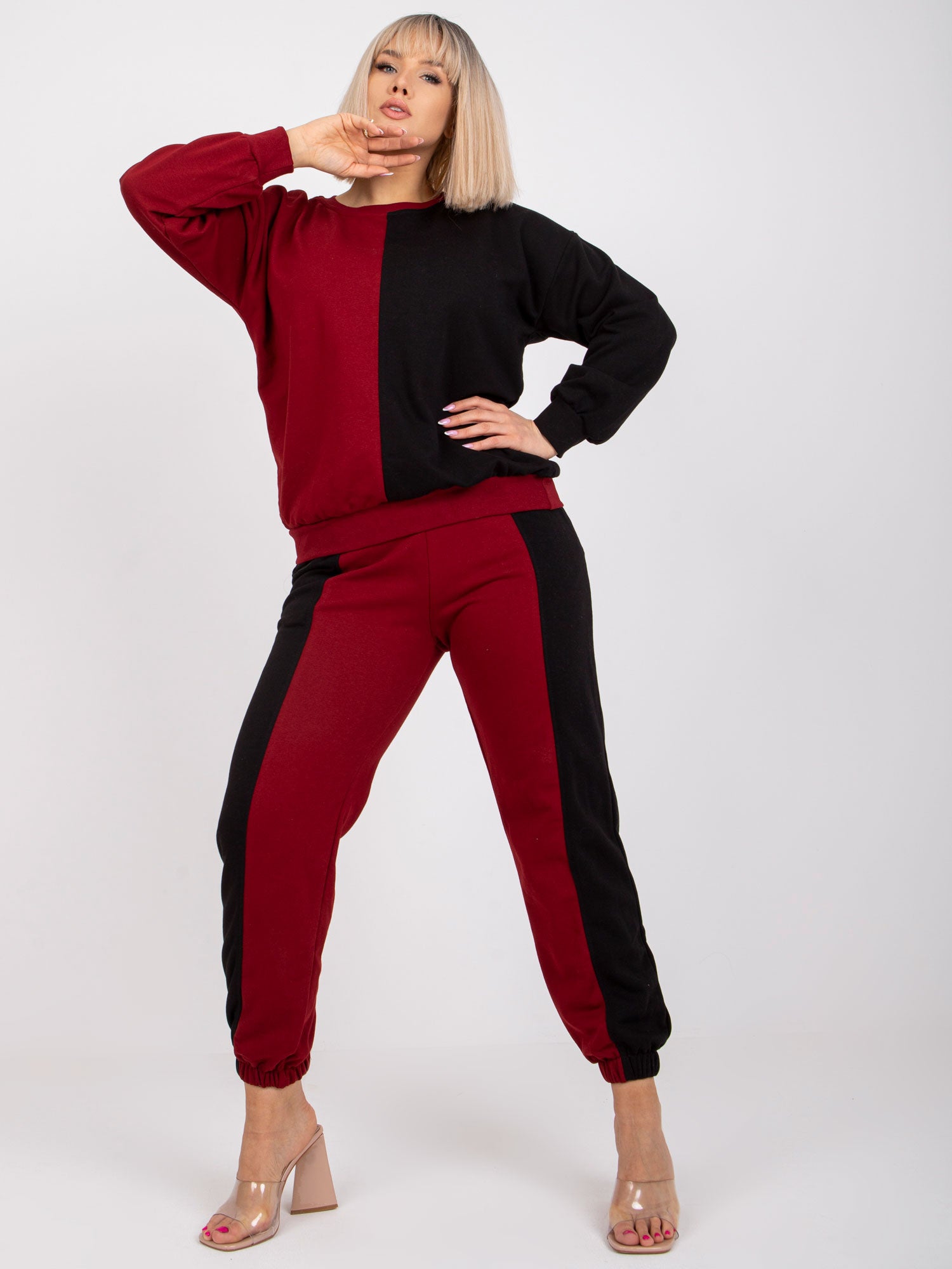 Bordowo-czarny damski komplet dresowy plus size