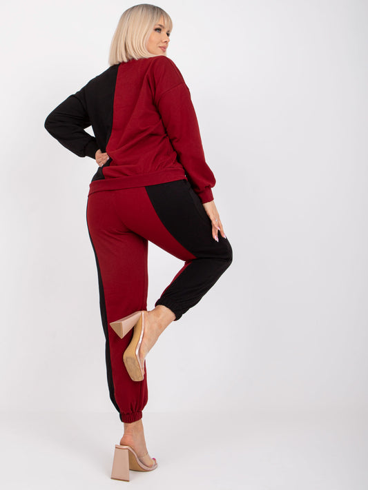 Bordowo-czarny damski komplet dresowy plus size
