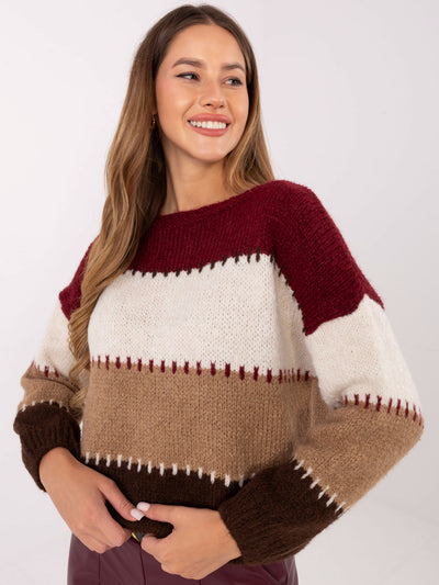 Bordowo-ecu sweter oversize z domieszką wełny