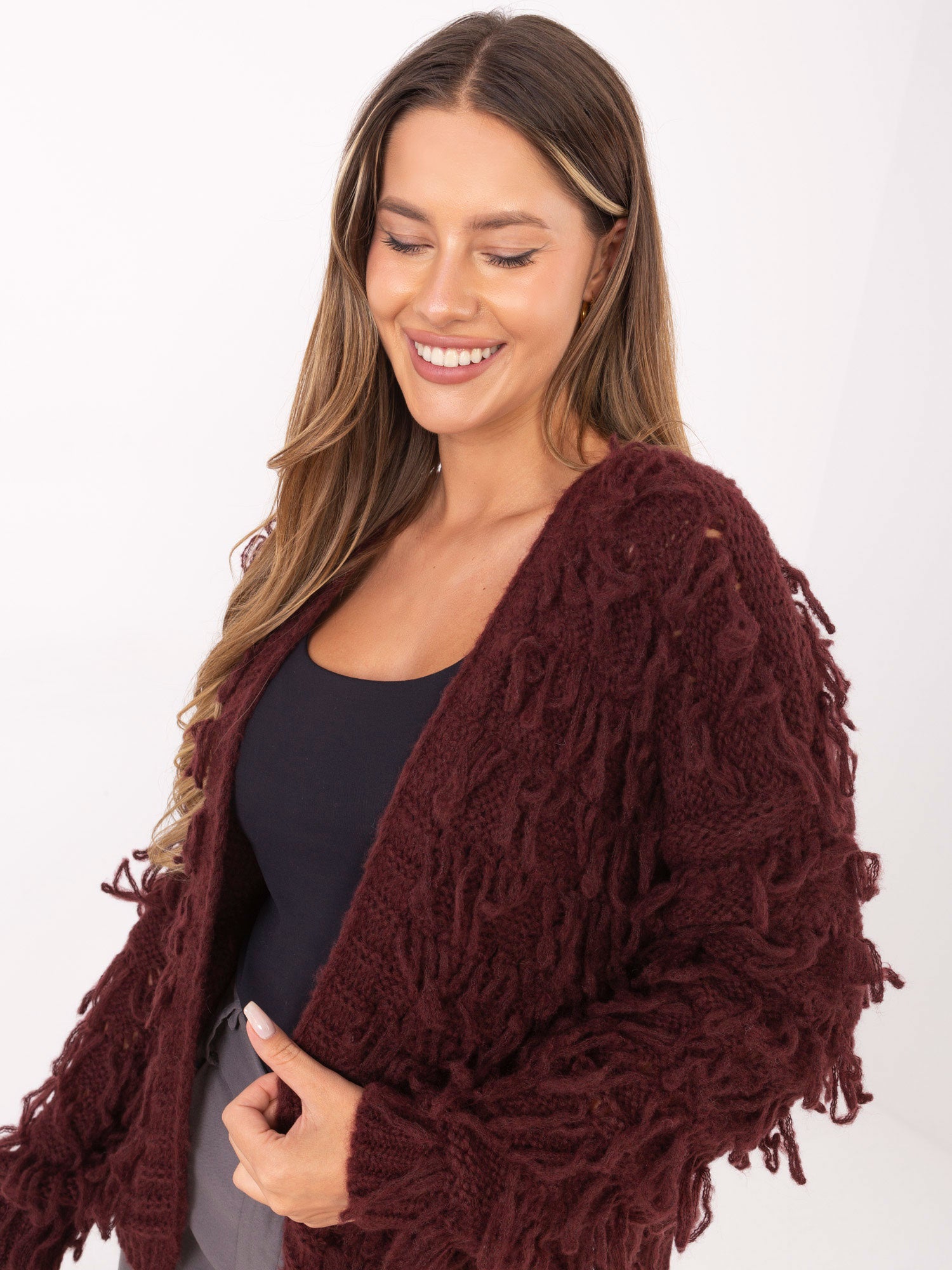 RUE PARIS Bordowy kardigan w stylu boho