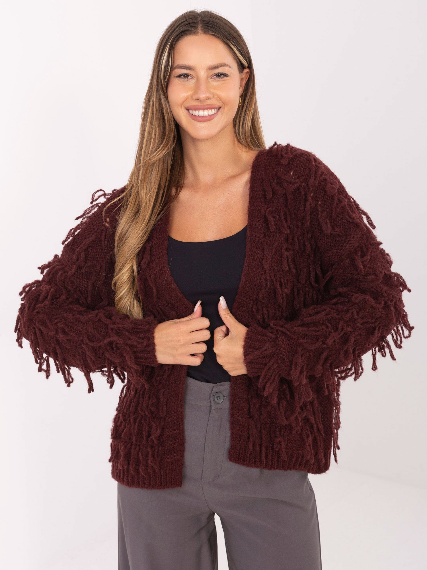 RUE PARIS Bordowy kardigan w stylu boho
