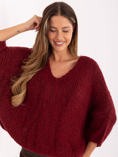 Bordowy sweter oversize z rękawem 3/4