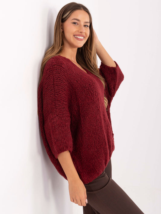 Bordowy sweter oversize z rękawem 3/4