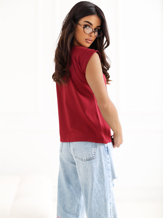 Bordowy bawełniany t-shirt damski BASIC FEEL GOOD