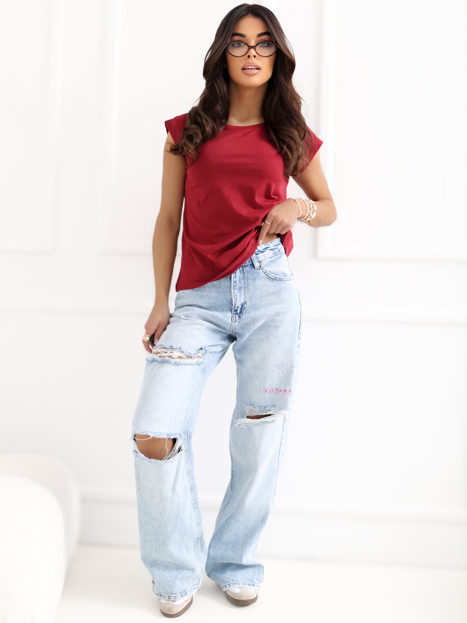 Bordowy bawełniany t-shirt damski BASIC FEEL GOOD