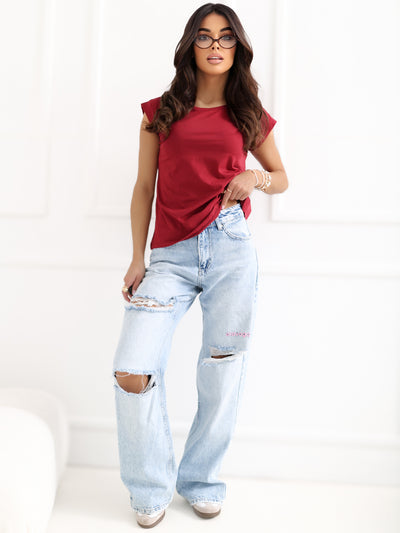 Bordowy bawełniany t-shirt damski BASIC FEEL GOOD
