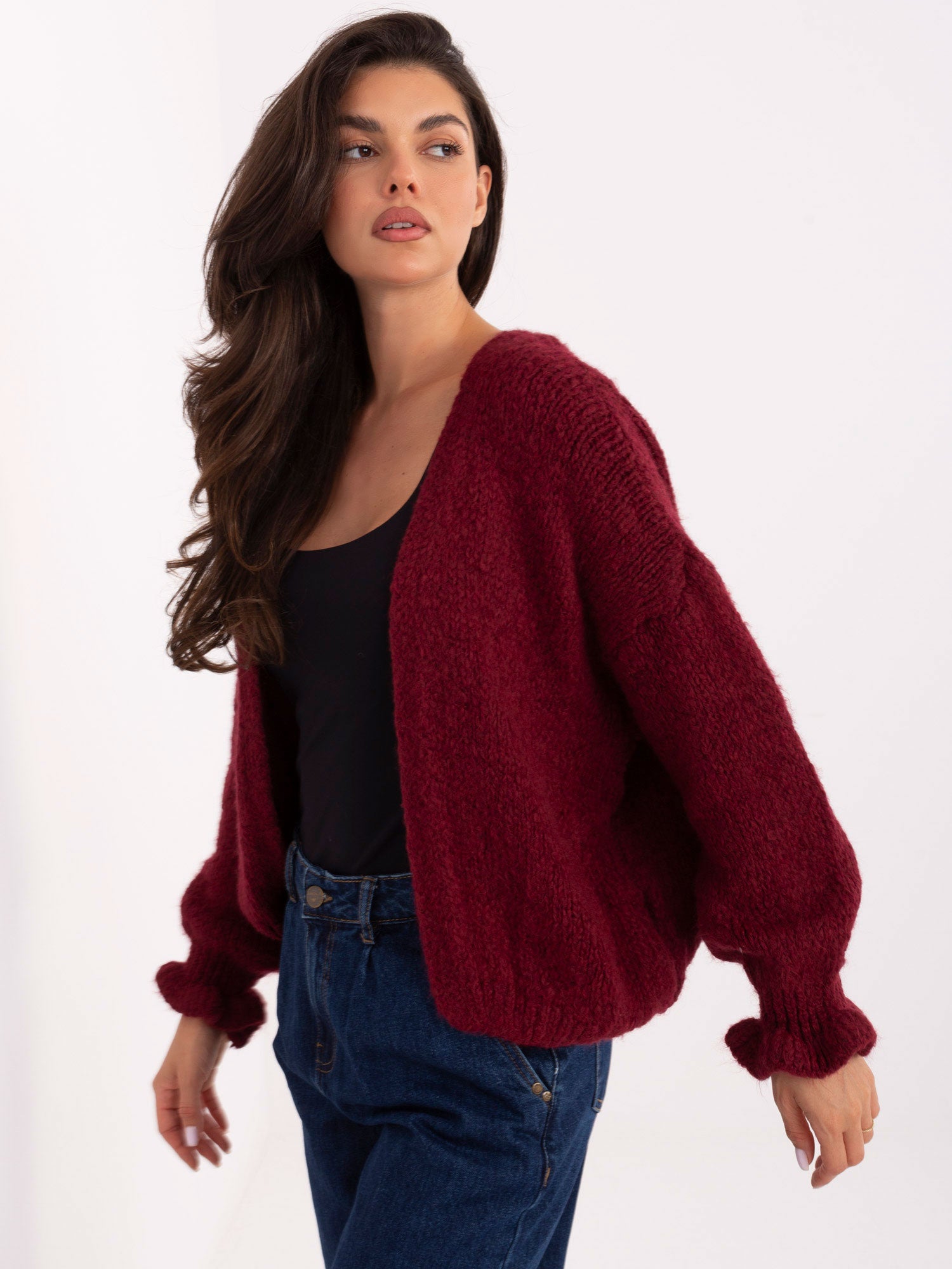 RUE PARIS  Bordowy damski kardigan oversize