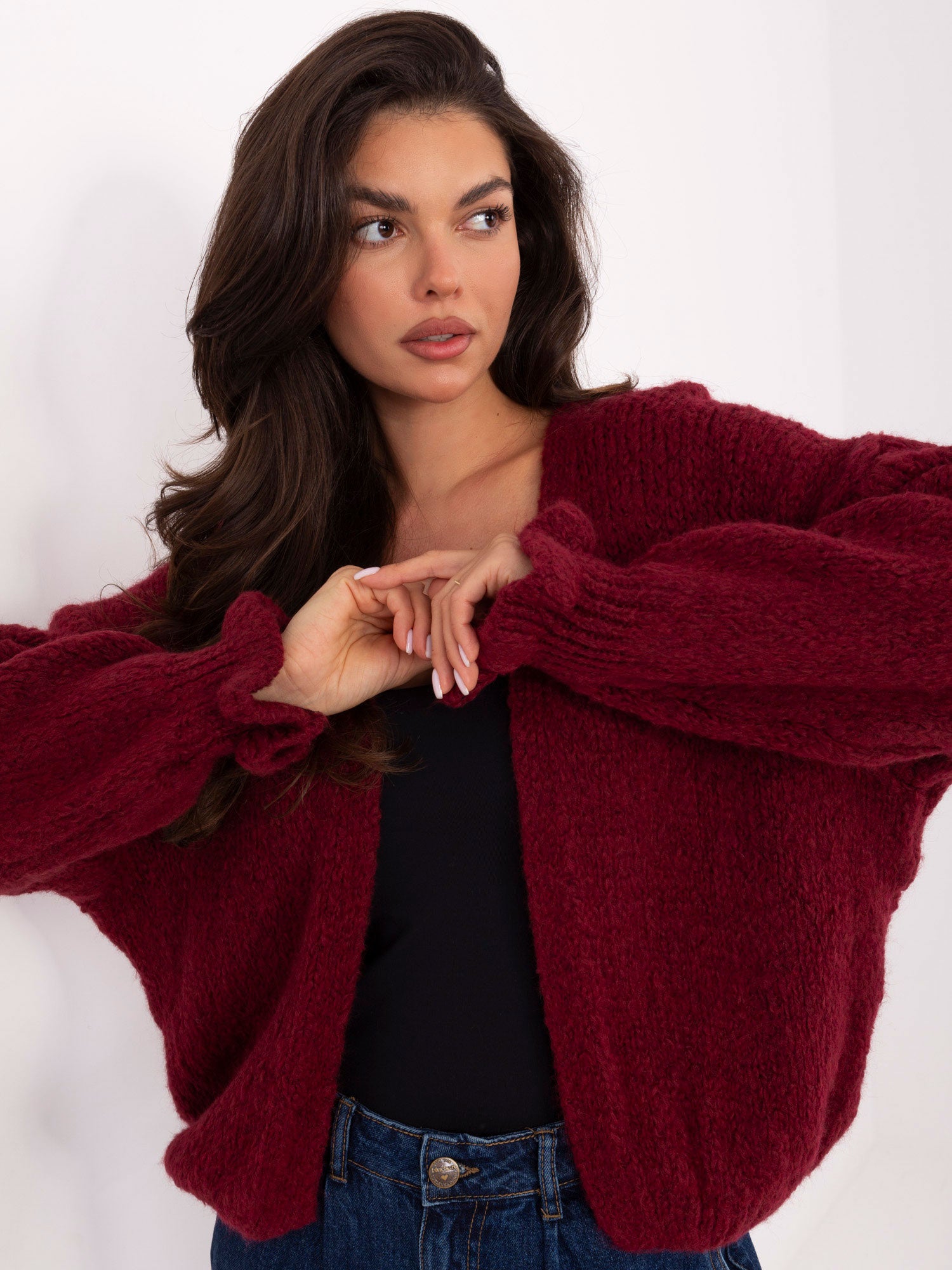 RUE PARIS  Bordowy damski kardigan oversize
