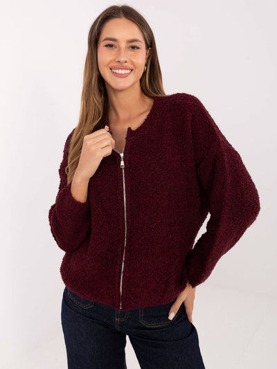 RUE PARIS  Bordowy rozpinany sweter boucle