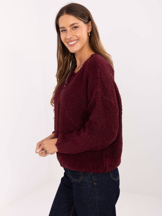 RUE PARIS  Bordowy rozpinany sweter boucle