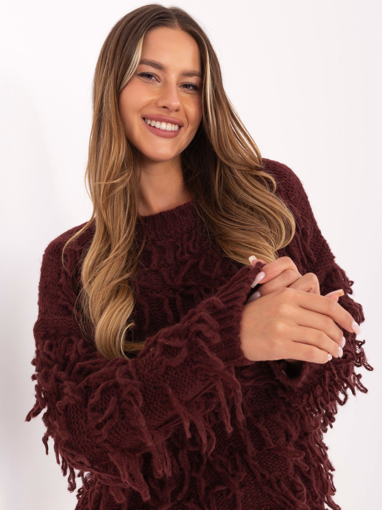 RUE PARIS Bordowy sweter oversize w stylu boho
