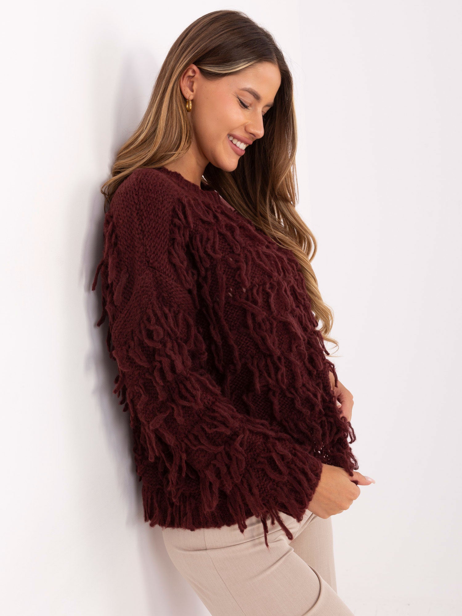 RUE PARIS Bordowy sweter oversize w stylu boho