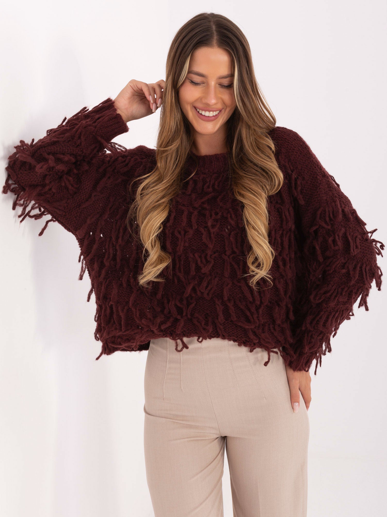 RUE PARIS Bordowy sweter oversize w stylu boho