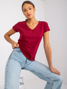 Bawełniany t-shirt V-neck bordowy