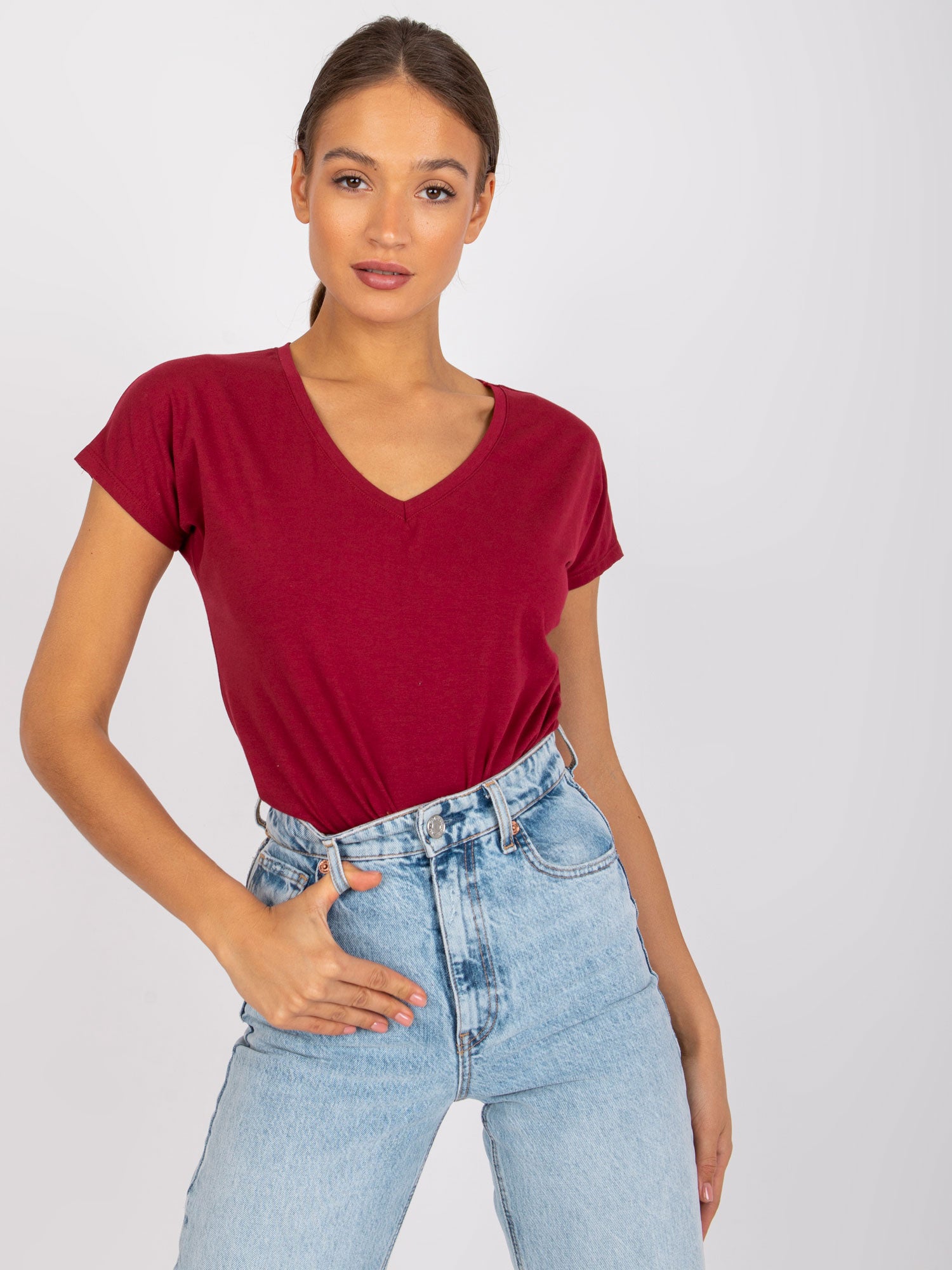 Bawełniany t-shirt V-neck bordowy