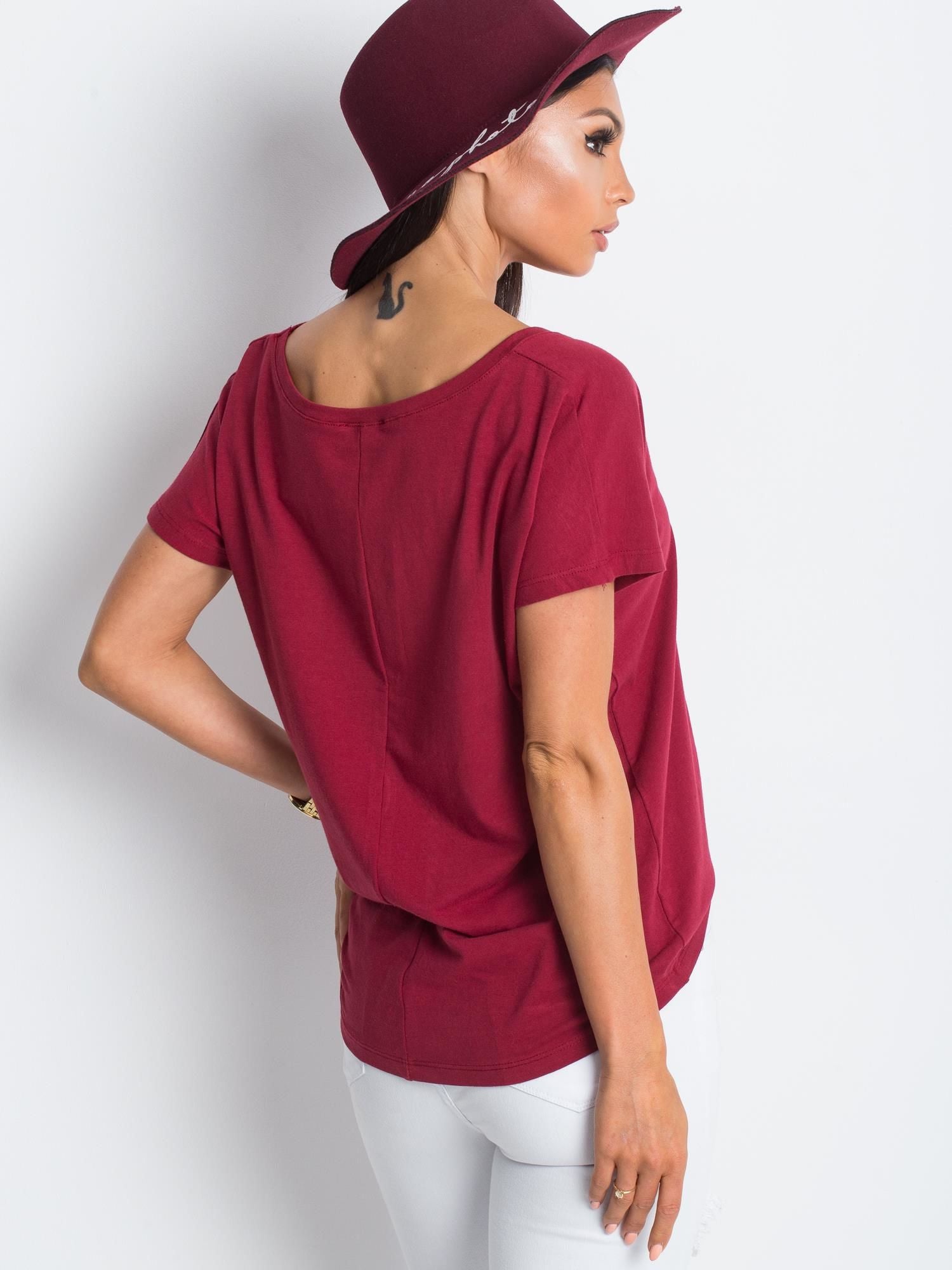 Bawełniany t-shirt V-neck bordowy