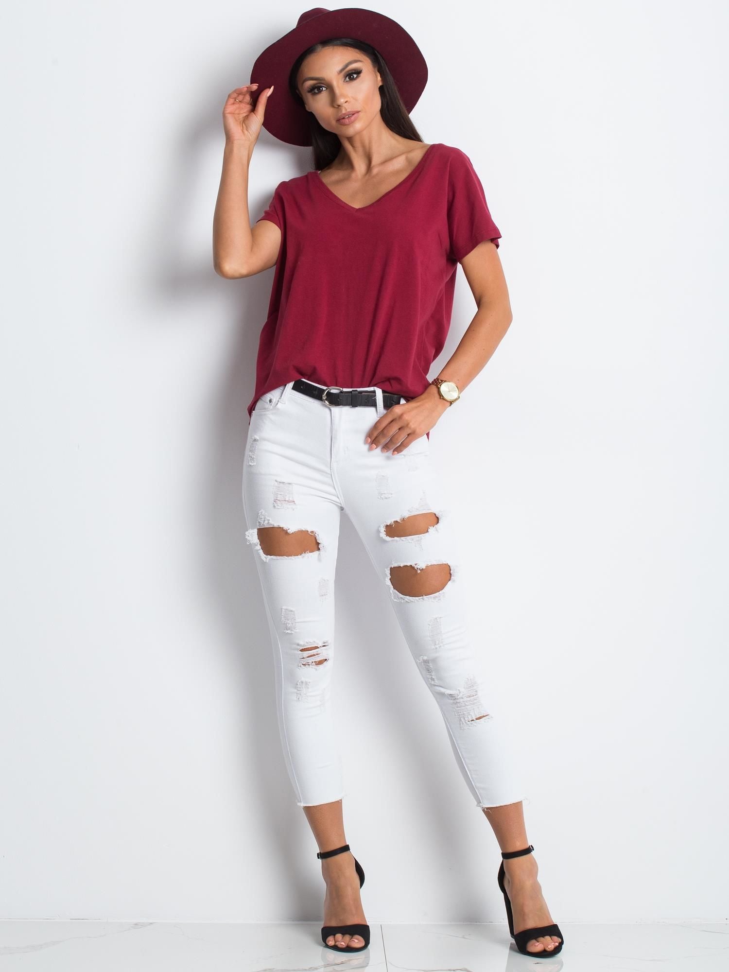 Bawełniany t-shirt V-neck bordowy