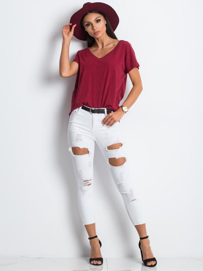 Bawełniany t-shirt V-neck bordowy