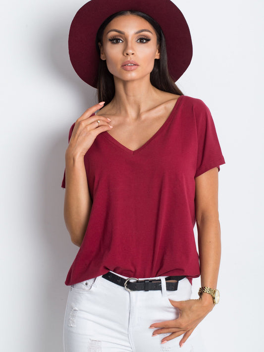 Bawełniany t-shirt V-neck bordowy