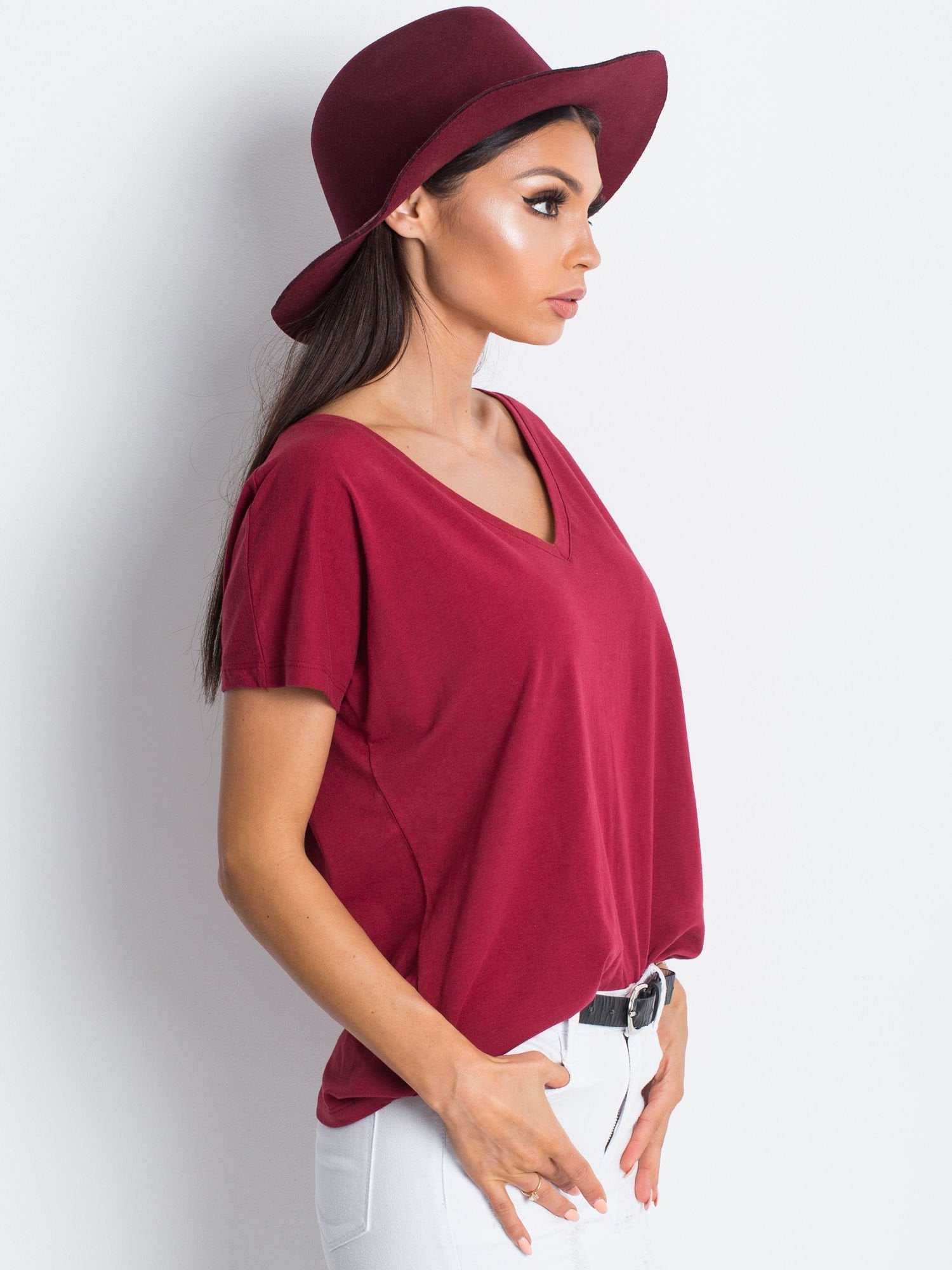 Bawełniany t-shirt V-neck bordowy