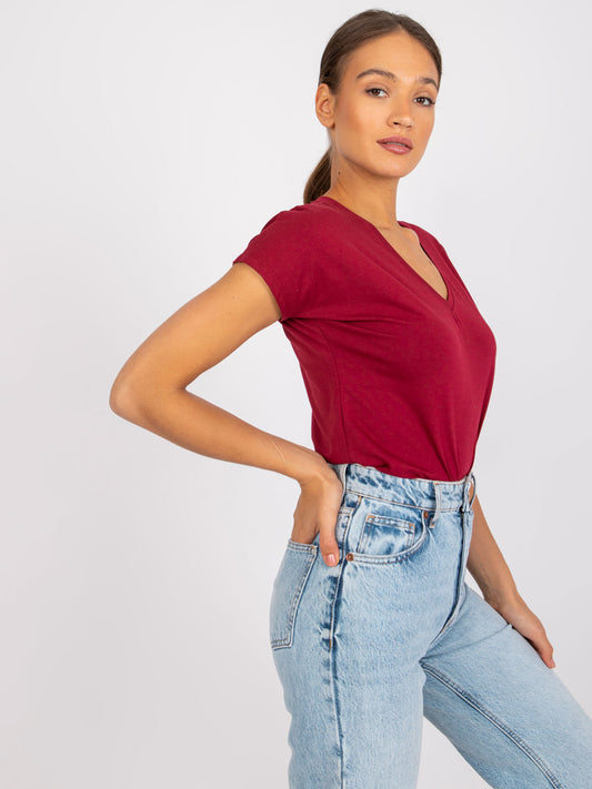 Bawełniany t-shirt V-neck bordowy