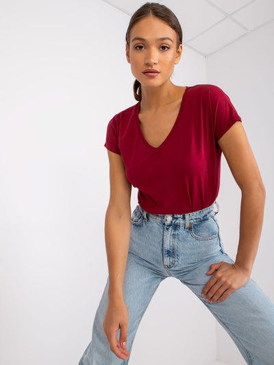 Bawełniany t-shirt V-neck bordowy