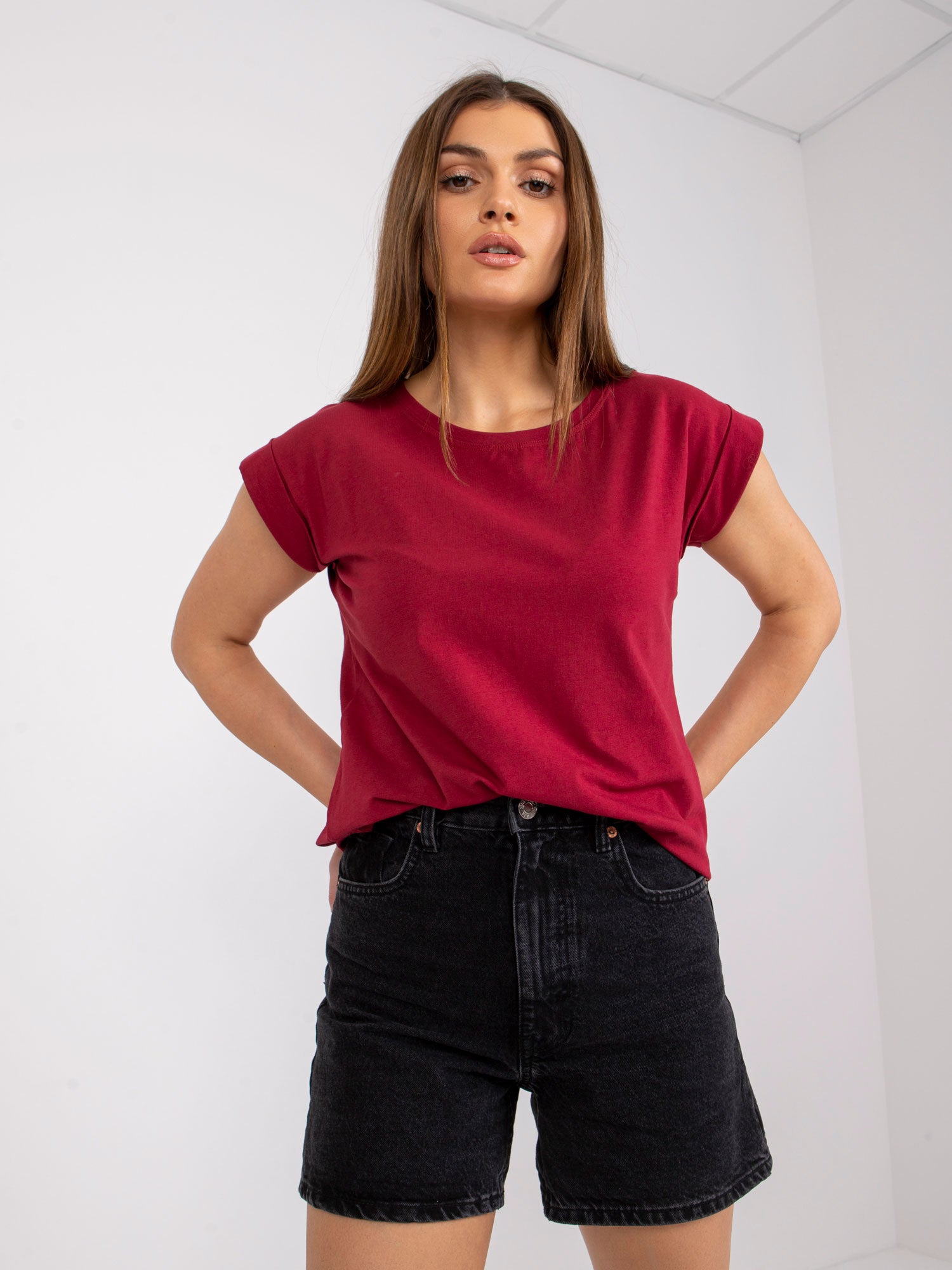 Gładki t-shirt damski bordowy