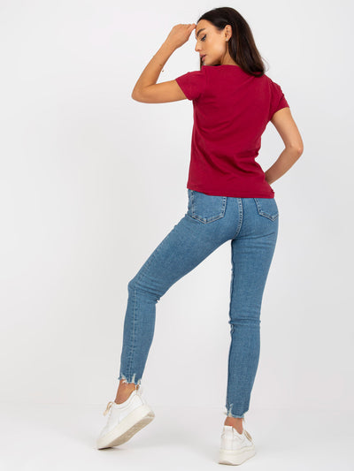 Bordowy t-shirt basic z okrągłym dekoltem