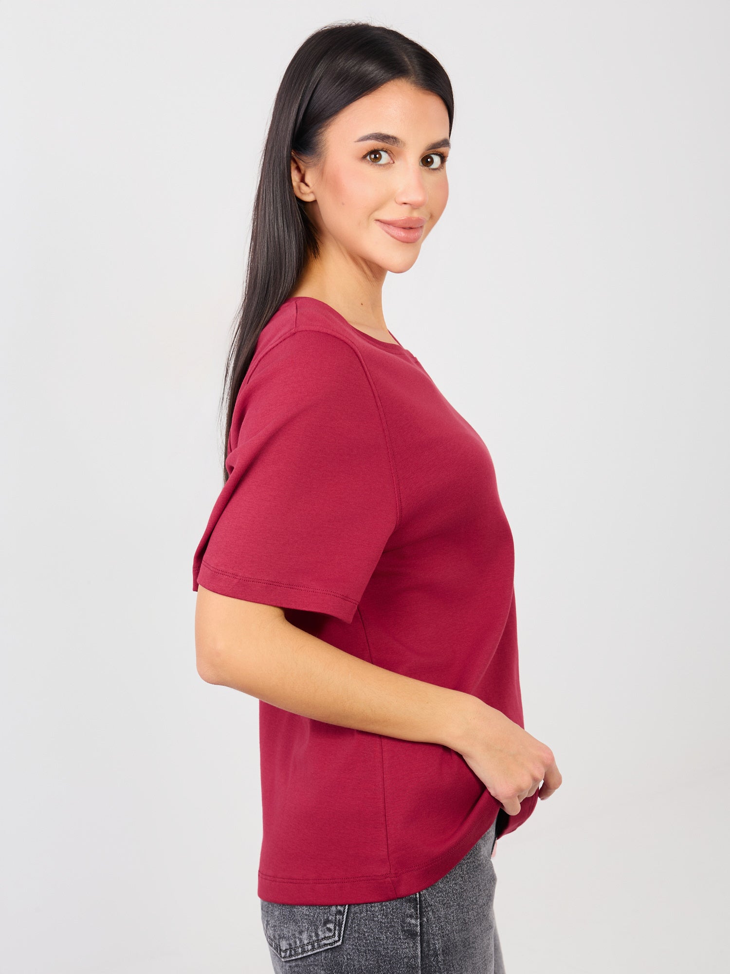 RUE PARIS Bordowy t-shirt basic z bawełny