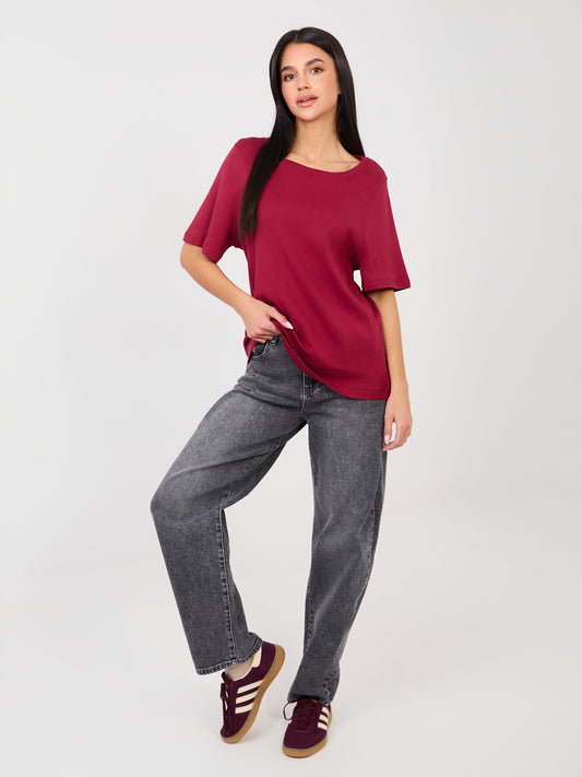 RUE PARIS Bordowy t-shirt basic z bawełny