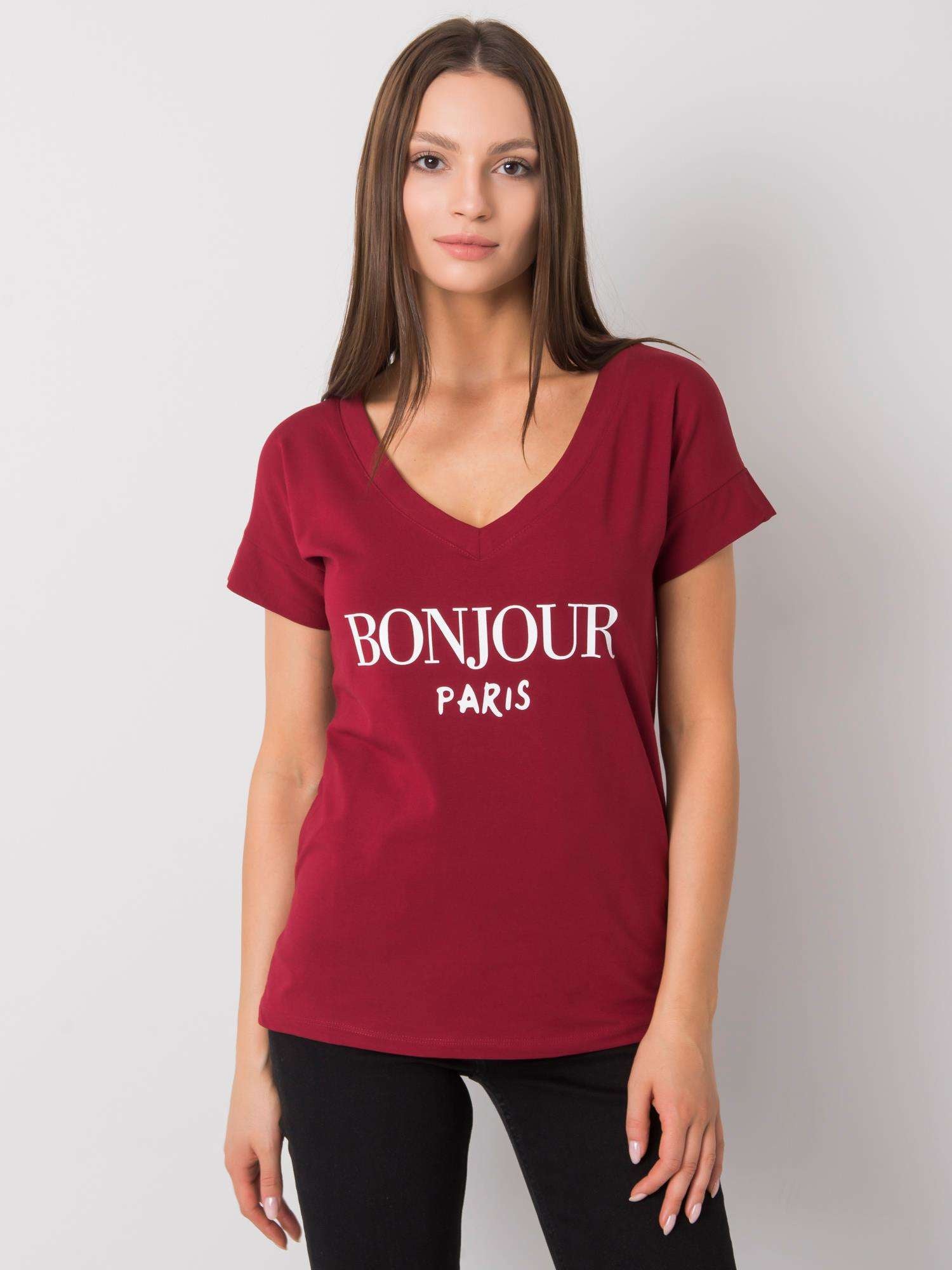 Bordowy t-shirt damski z nadrukiem