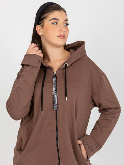 Brązowa rozpinana bluza plus size z kapturem i napisami
