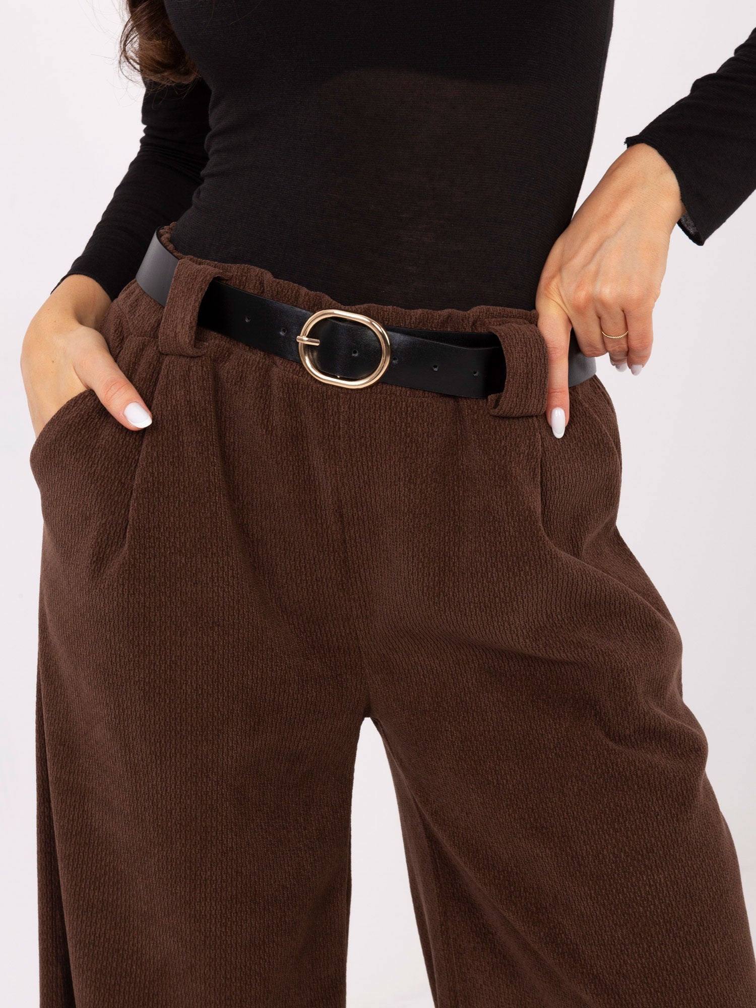 RUE PARIS Brązowe sztruksowe spodnie z kieszeniami