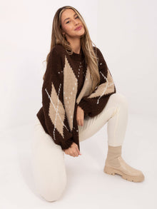 Brązowo-beżowy damski sweter oversize w romby