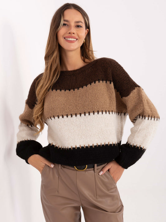 Brązowo-ciemnobeżowy damski sweter w paski