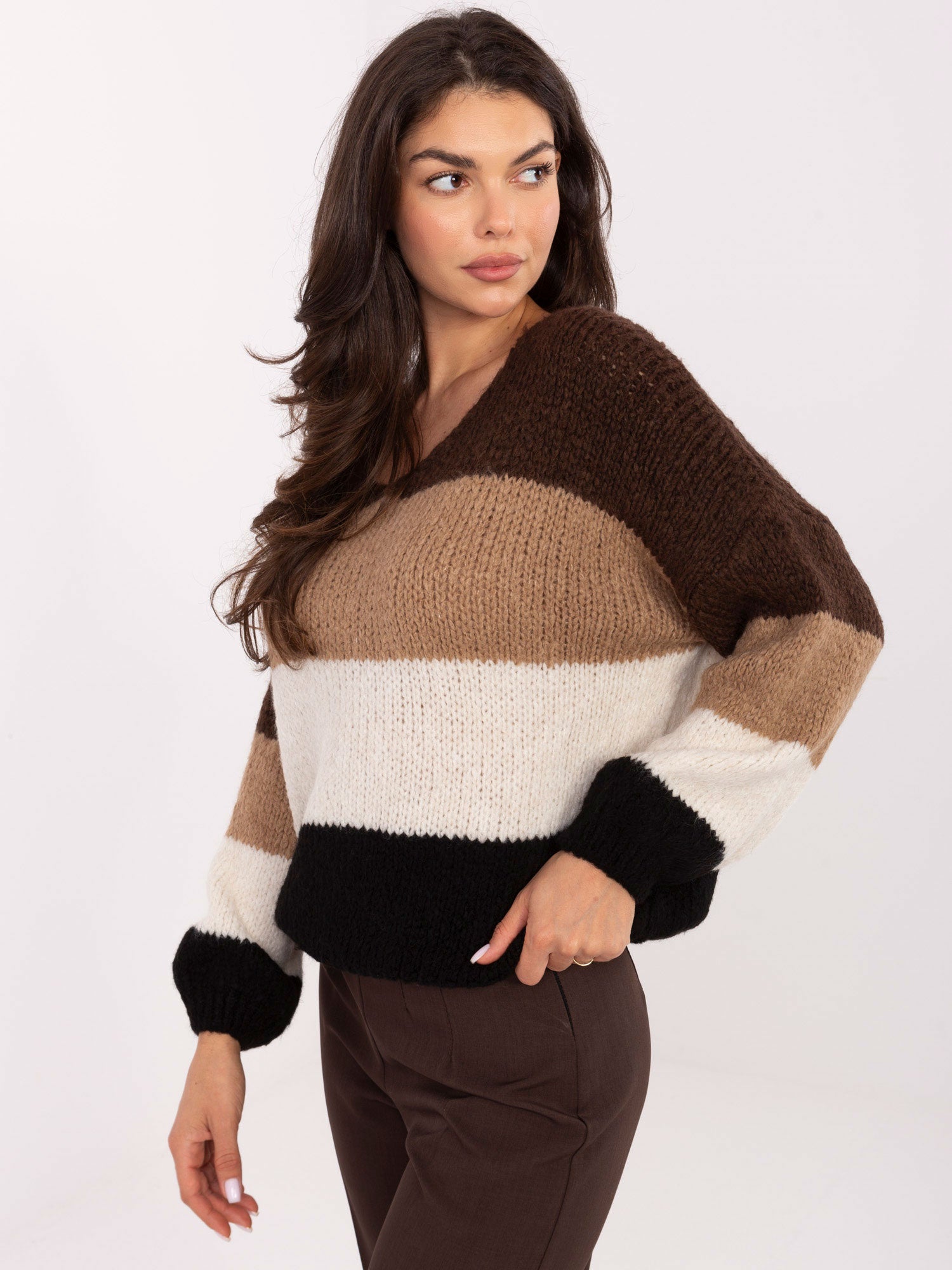 RUE PARIS Brązowo-czarny sweter oversize z wełną