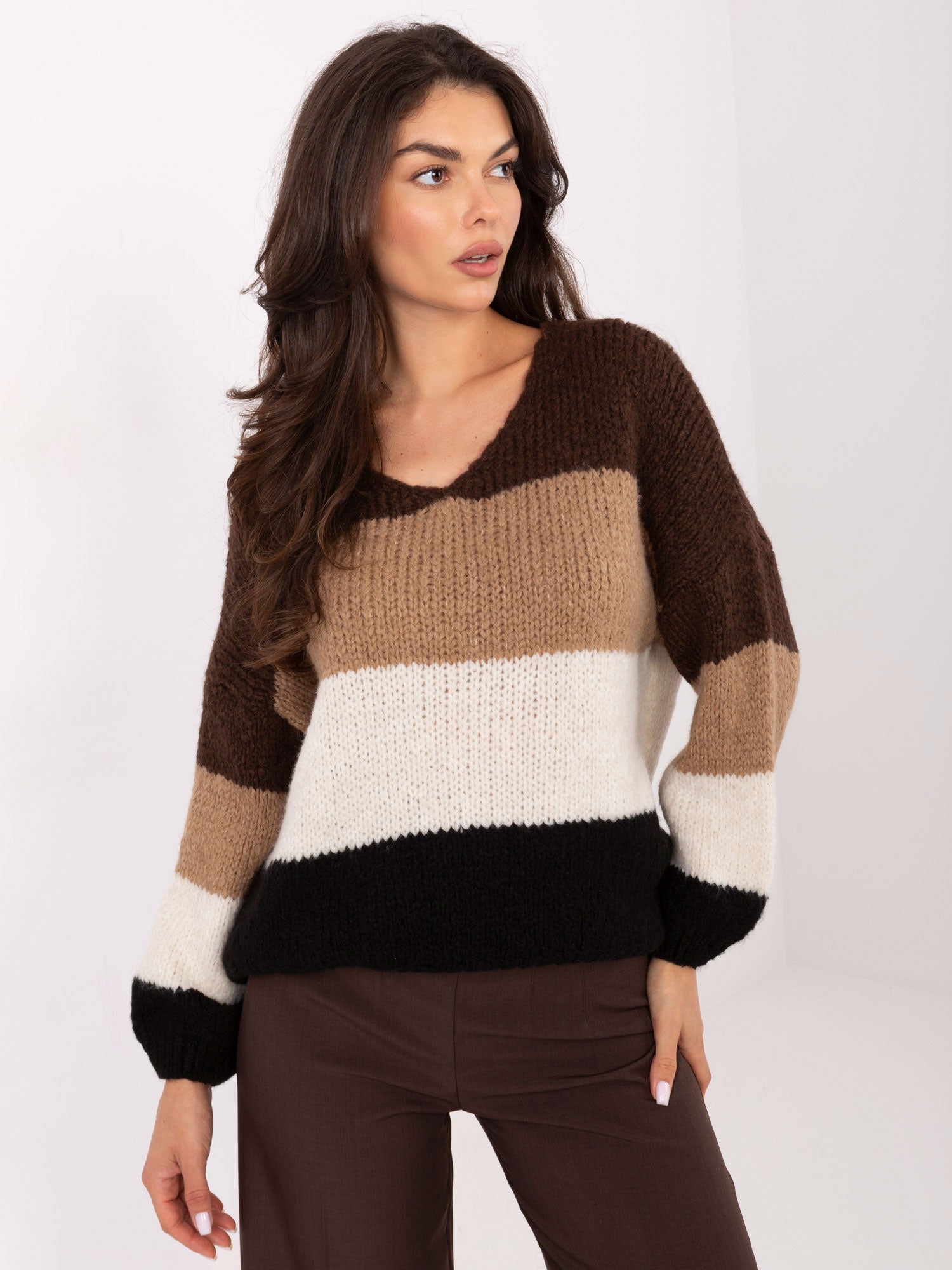 RUE PARIS Brązowo-czarny sweter oversize z wełną