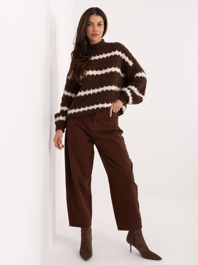 Brązowo-ecru damski sweter oversize w paski
