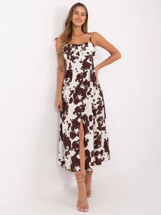 Brązowo-ecru letnia sukienka w krowi print