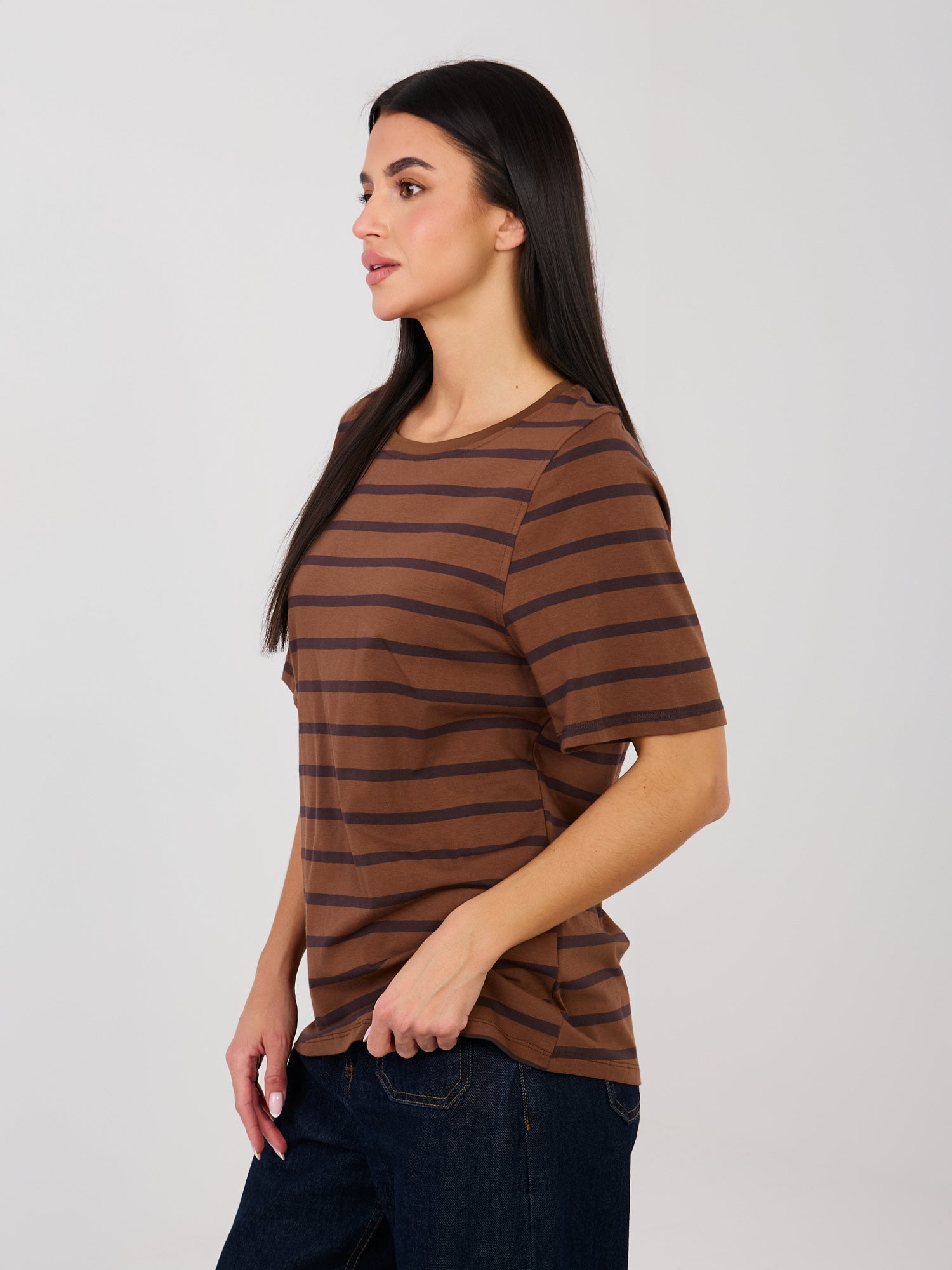 RUE PARIS Brązowy t-shirt z okrągłym dekoltem
