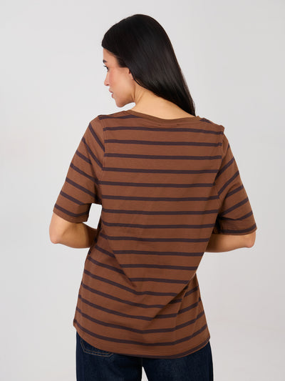 RUE PARIS Brązowy t-shirt z okrągłym dekoltem