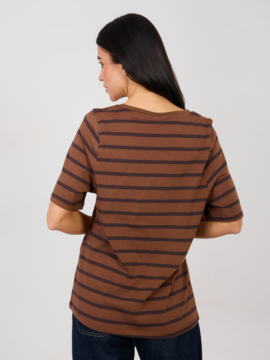 RUE PARIS Brązowy t-shirt z okrągłym dekoltem