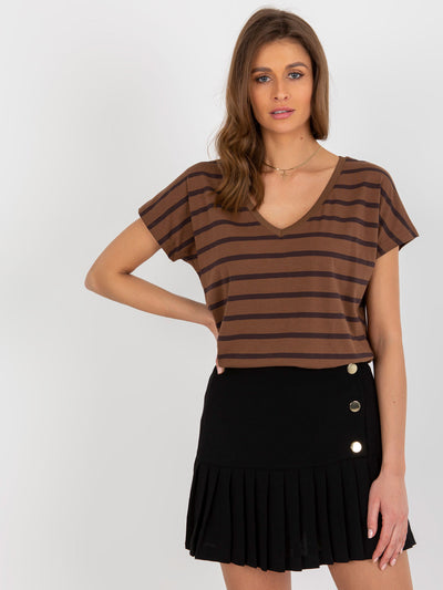 Brązowy bawełniany t-shirt w paski BASIC FEEL GOOD