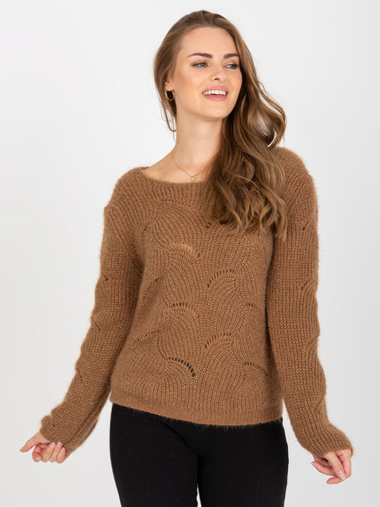 Brązowy puszysty sweter klasyczny z wełną  OCH BELLA